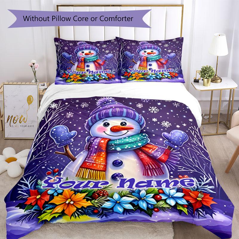 3PC Custom Name Winter Snowman Card Bedding Set Printed Bedding Set Duvet Cover Closure Includes 1 Duvet Cover & 2 Pillowcases for All Seasons Bedroom