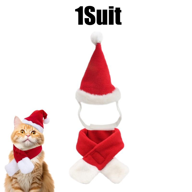Christmas Pet Costume Set Adjustable Santa Hat Scarf for Small Dogs Cats Puppy Party Photo Props