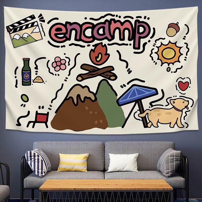 Handdrawn Camping  Picnic Hanging Cloth LargeSize Tapestry for Bars Coffee Shops  Homestays Cartoon Decorative Backdrop
