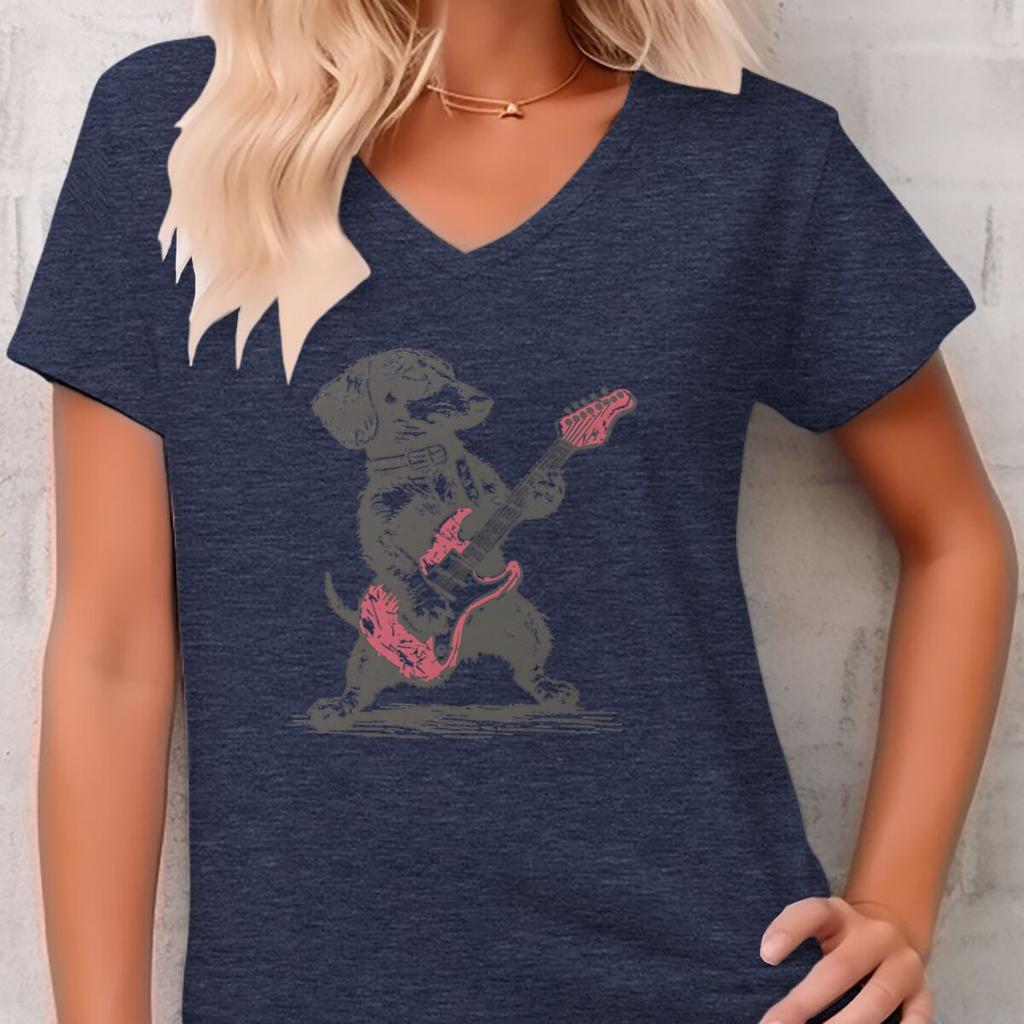 Vintage Dachshund Playing Guitar TShirt Women Funny Wiener Dog Rocker Tee Top Dog Lover Gift Fashion Short Sleeve Vneck Tee