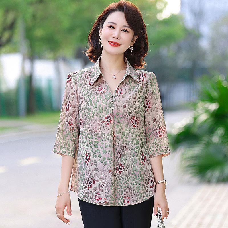 Sommer-Übergrößen-Hemd für Damen, bedrucktes lockeres Oberteil, Maulbeerseidenmischung, Urlaubs-Arbeitskleidung für Damen