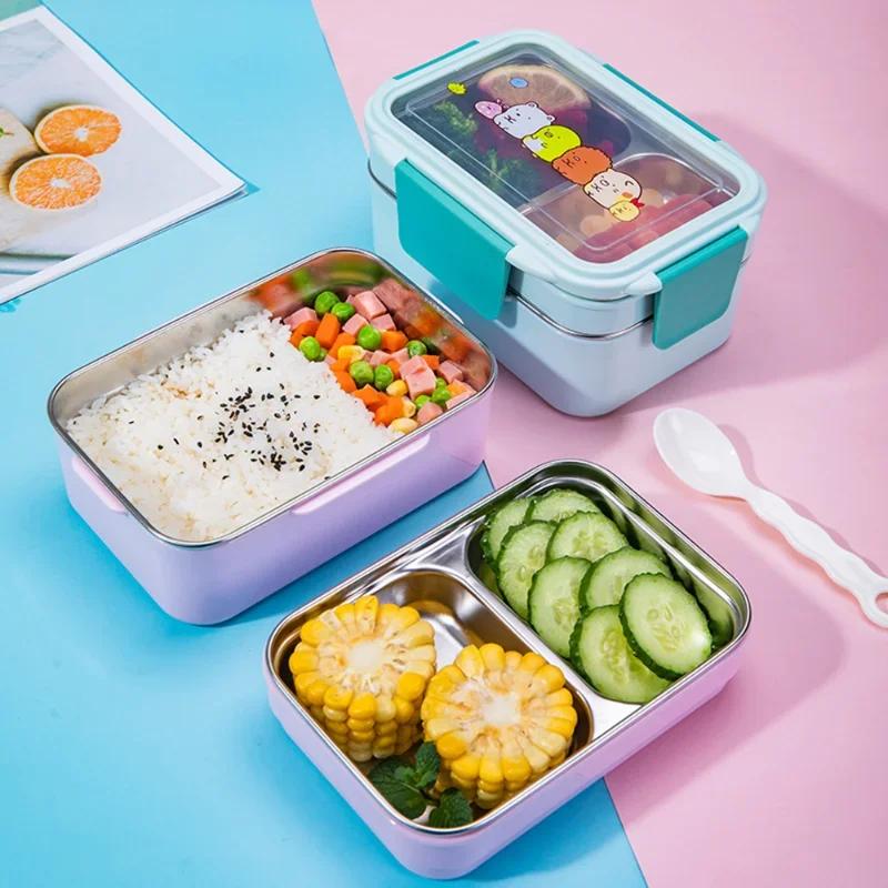 Double Layer Portable Stainless Steel Cartoon Food Container Microwave Bento Box for Kids Children Picnic School