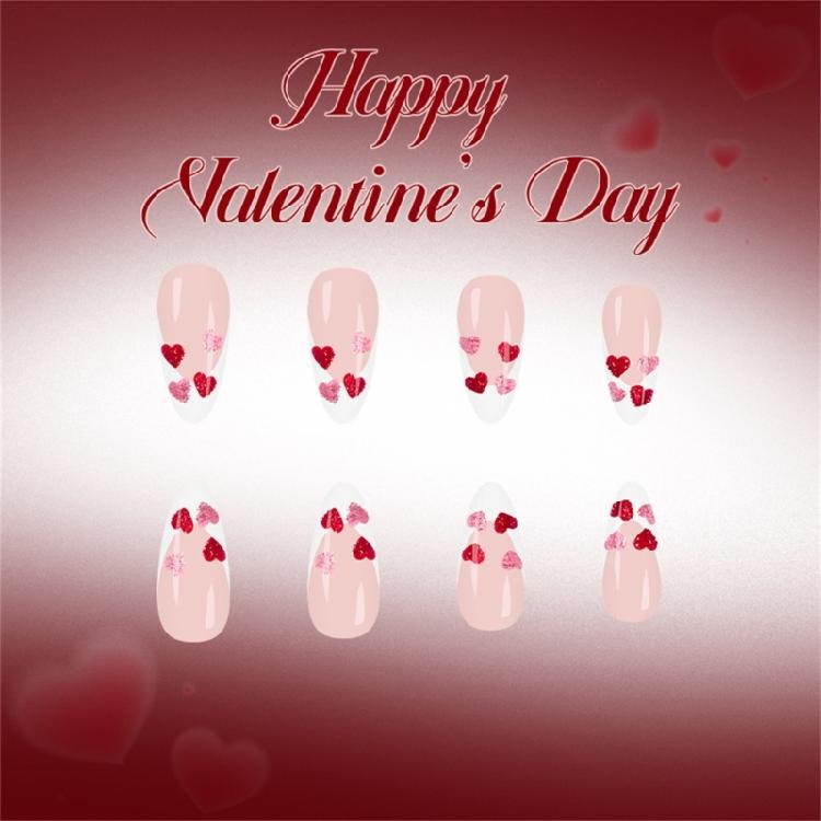 Women's Valentine Special Press On Nail 48Pcs Red Heart Glitters White French Design Multiple Sizes Easy Apply