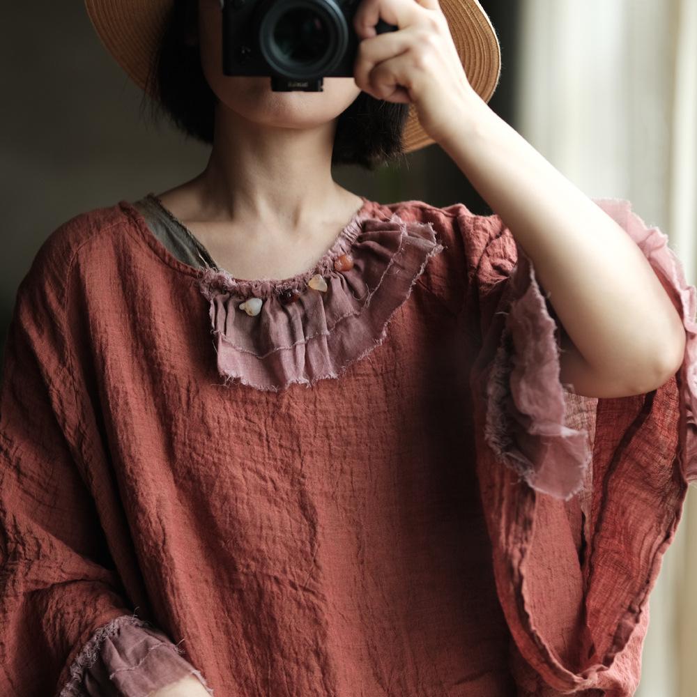 Johnature Vintage Women Patchwork T-Shirts O-Neck Long Sleeve Autumn Loose Chinese Style Female T-Shirts