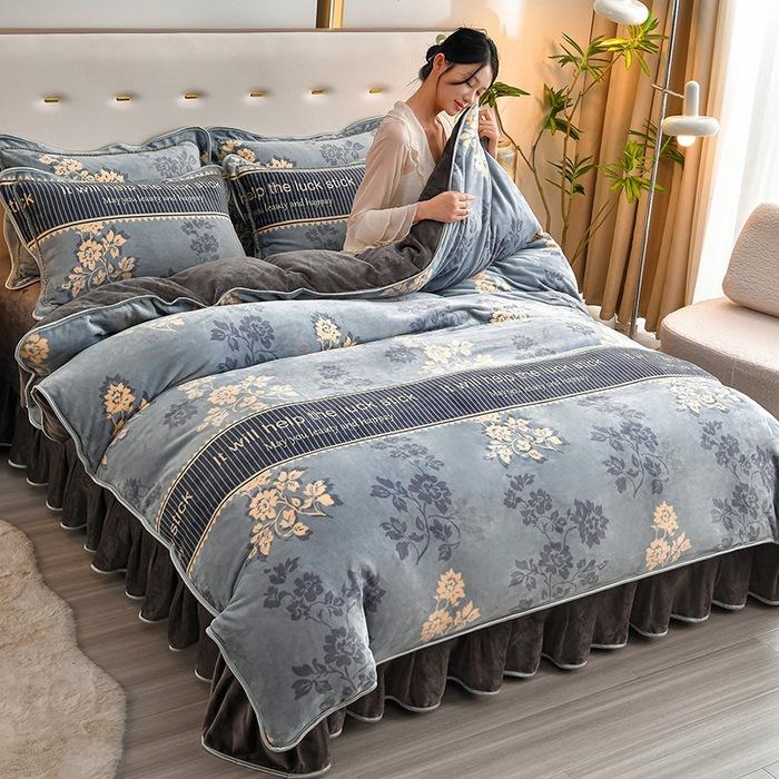 Thickened Milk Fleece Four-Piece Coral Fleece Quilt Cover, Bed Sheet Fleece Double-Sided Fleece Flannel Bedding, Bed Skirt