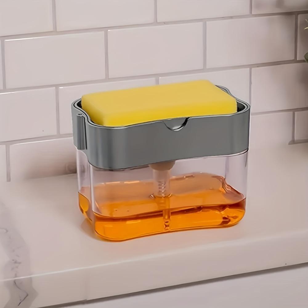 1Set Dish Soap Pump Dispenser and Sponge Holder, Metallic Silvery for Kitchen Sink, With Sponge