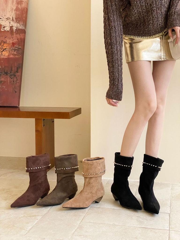 French pointed rivet suede medium tube stacking boots women's 2025 autumn and winter wood grain cone and rhinestone two wear medium tube boots