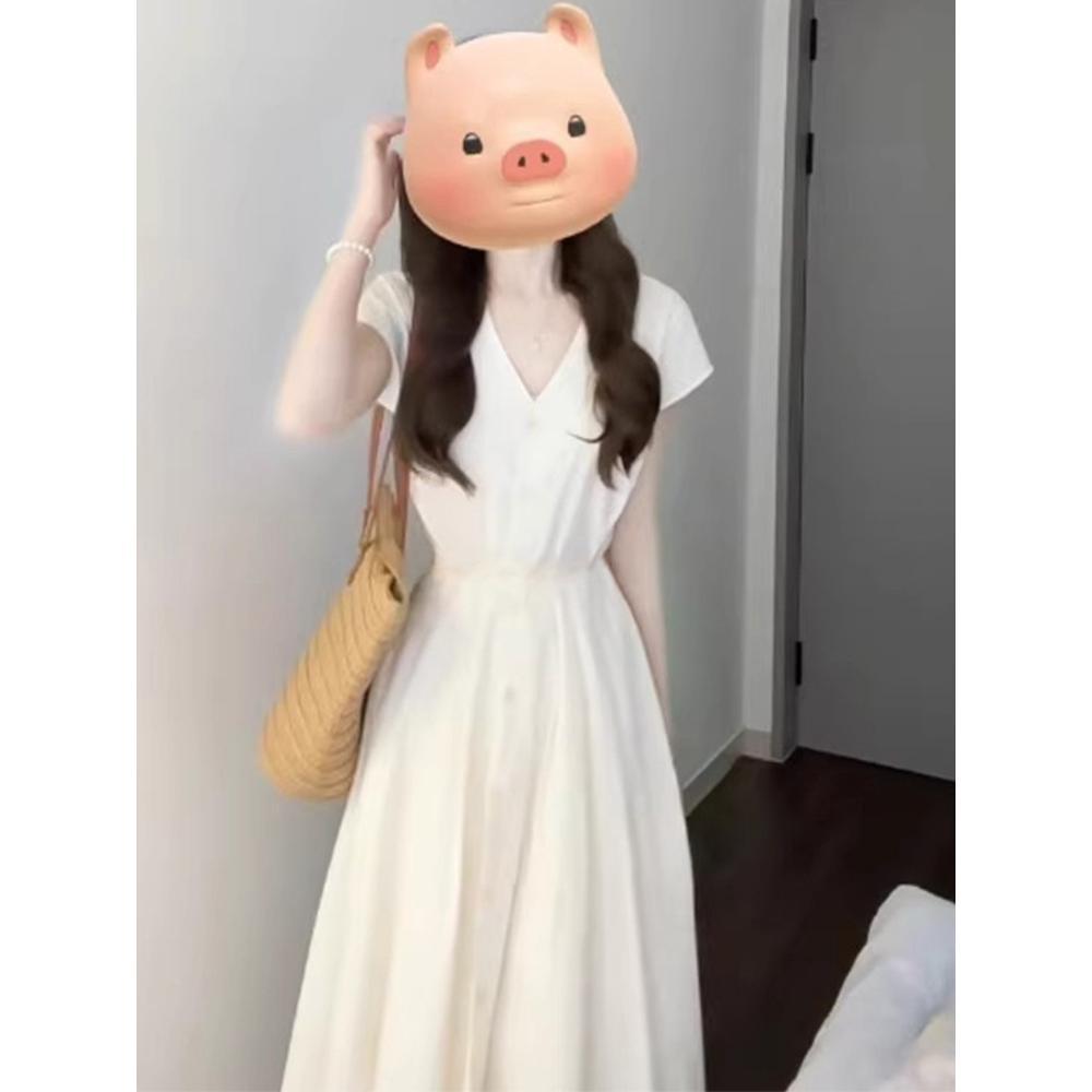 V-neck white dress children's summer elegant new seaside vacation small temperament waist dress