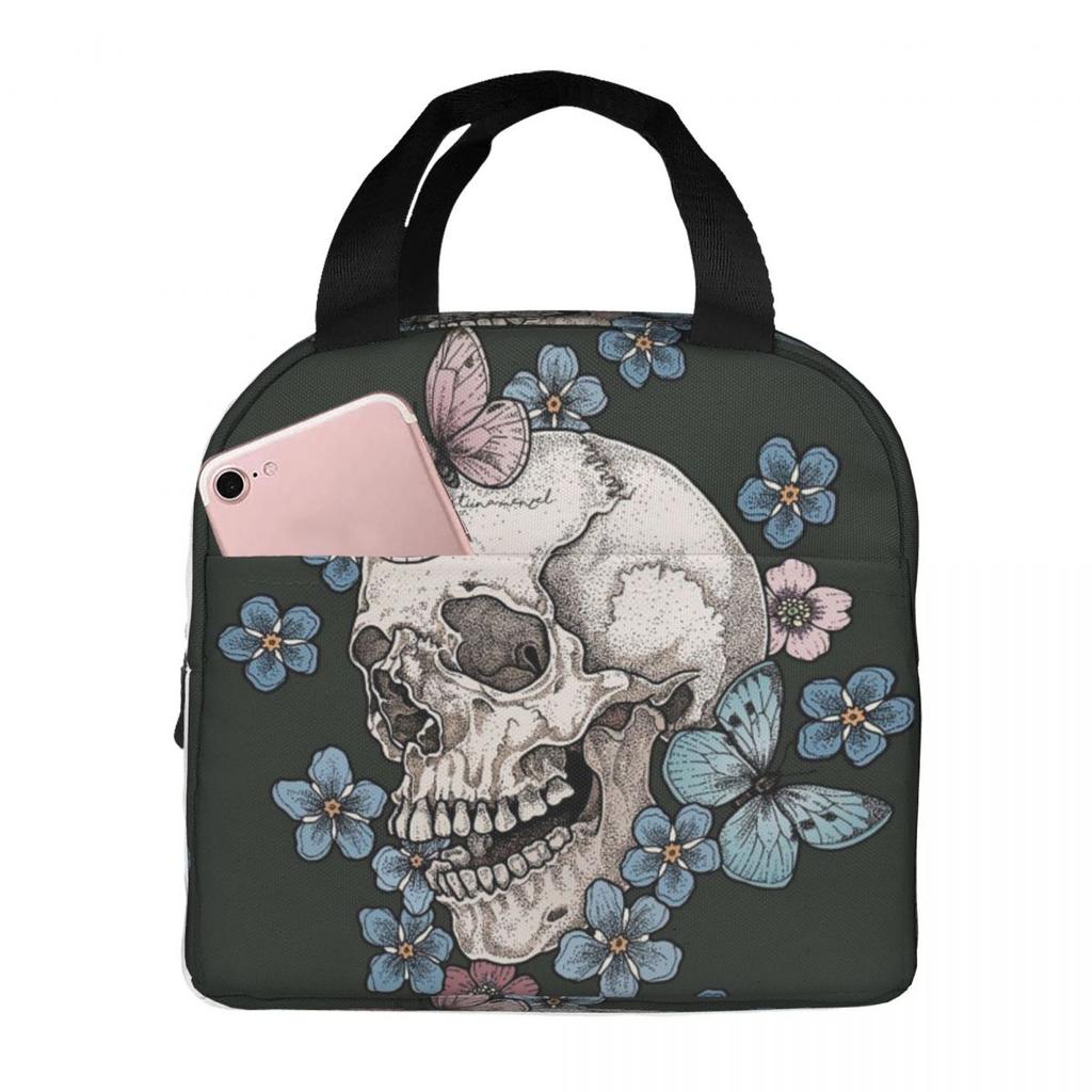 Vintage Gothic Skull Roses Insulated Lunch Bag for Women Children Portable Food Boxes Thermal Lunch Box Tote