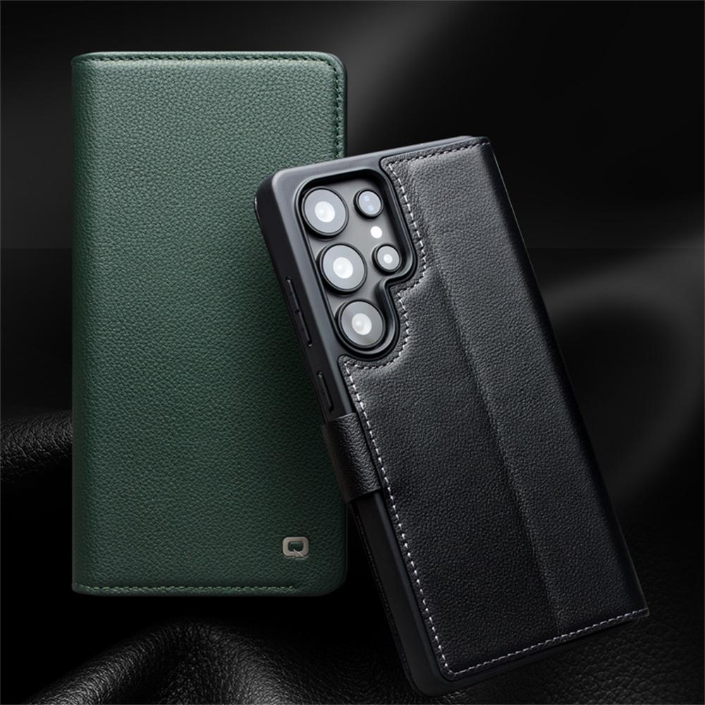 QIALINO For Samsung Galaxy S25 Ultra Lommebokdeksel Ekte Kuskinn Flip Stativ Telefondeksel