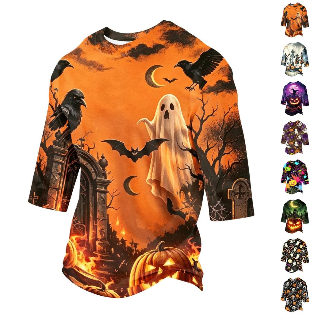 Men's Casual 3/4 Sleeve Round Neck T-Shirt with Halloween Print