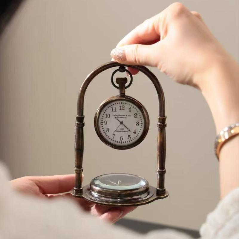 Retro Desk Clock Silent Small Compass Base Table Clock Unique Aesthetic Watch Home Desktop Decorative Clocks Interior Ornaments