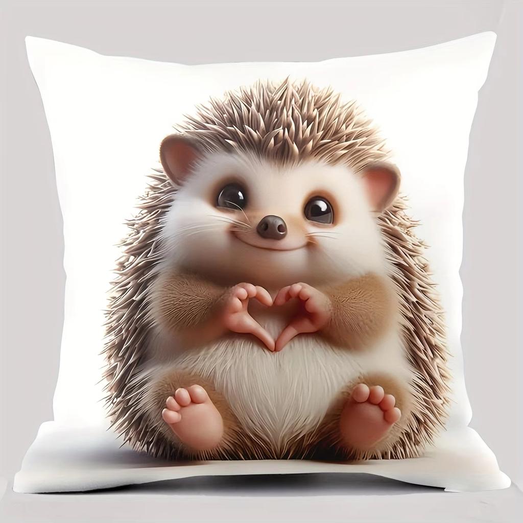 1Pc Adorable Hedgehog With Heart Paws Decorative Pillowcase, Soft Polyester Cushion Cover, White, For Sofa Bedroom Living Room H