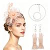 Vintage Bridal Hair Accessories Set Kentucky Derby Feather Headband Gloves Necklace Floral Bow Mesh Wedding