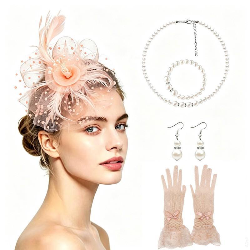 Vintage Bridal Hair Accessories Set Kentucky Derby Feather Headband Gloves Necklace Floral Bow Mesh Wedding