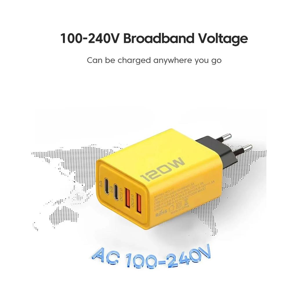 120W Fast Charging 4 Ports Mobile Phone Charger QC3.0 USB Type C Chargers Dual PD Wall Adapter EU/US Plug for IPhone16 15 Xiaomi