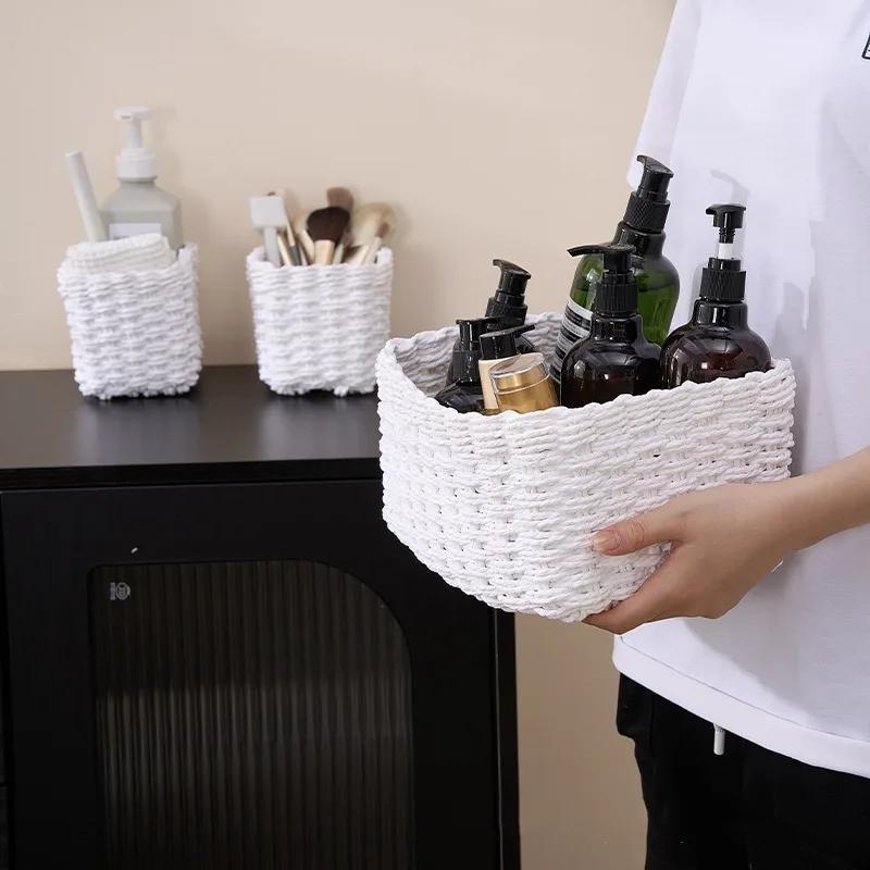3pcs Handmade Straw Woven Soft Round Paper Rope Storage Basket for Organizing Decorative Storage Bins Office Storage Box