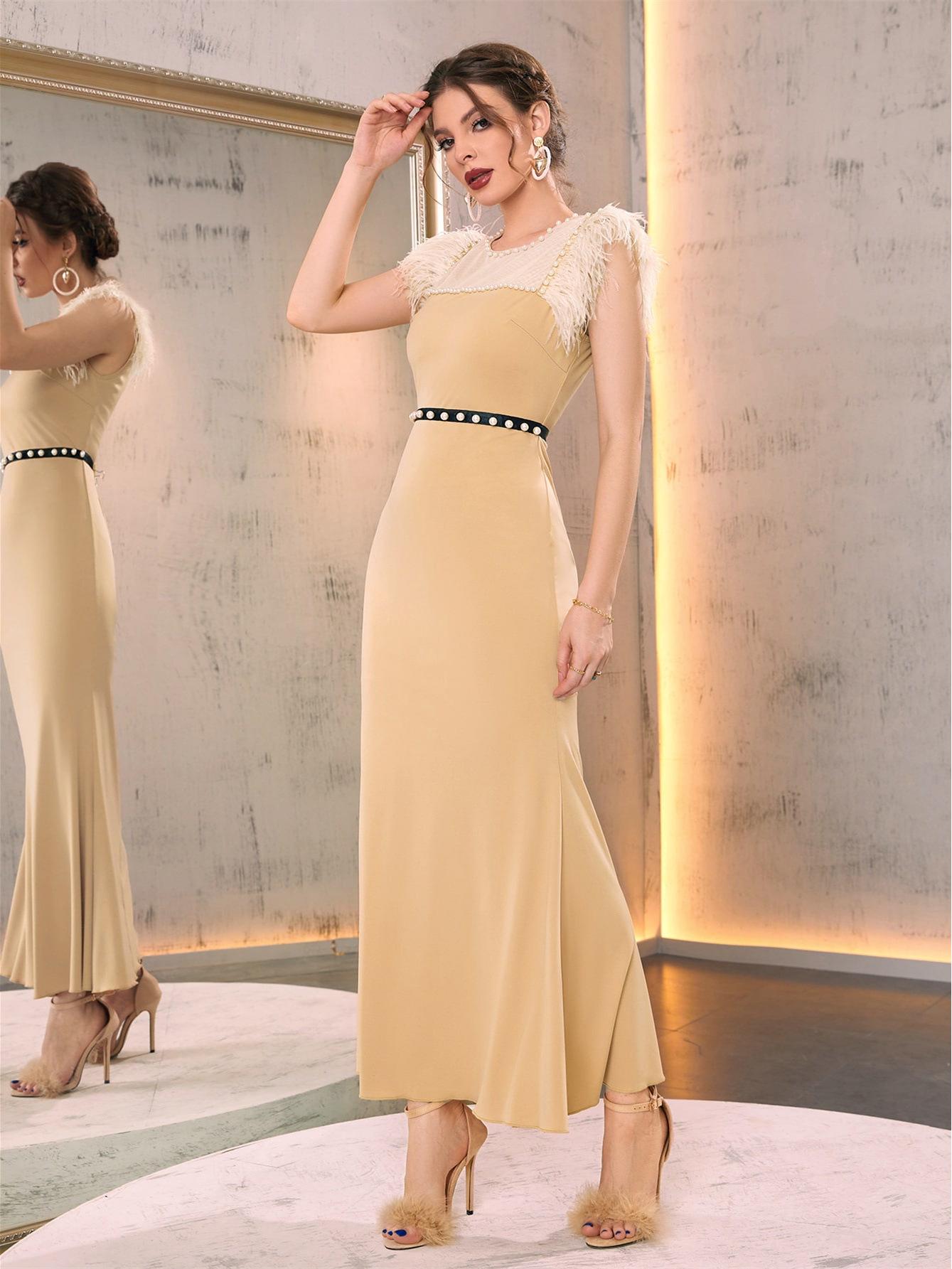 

Весна/Літо 2025 Європейська та Американська Жіноча Сукня Бодікон з Бісером та Пір ям Large абрикосовий