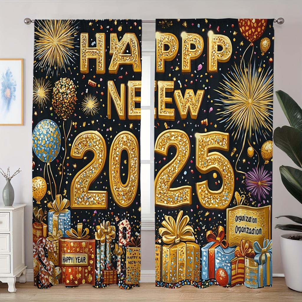 2pcs Classic Happy New Year Fireworks Balloon Clock Digital Floral Printed Curtains for Living Room Bedroom Study Dining Room