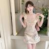 Summer new slim bow girl big lotus leaf edge waist thin jacquard print dress