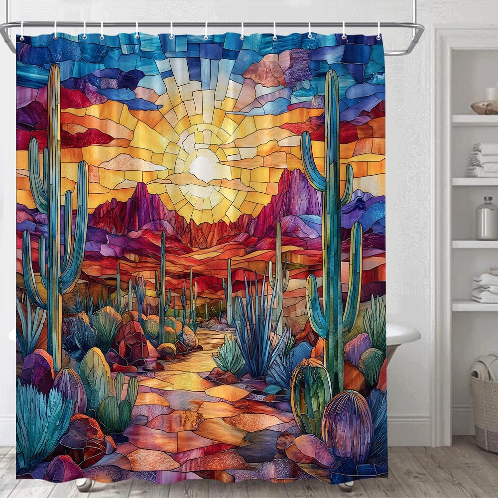 Western Desert Shower Curtain – Stained-Glass Sunset & Cactus Landscape, Boho Southwestern Bathroom Decor W60H190(CM)-1 Pcs