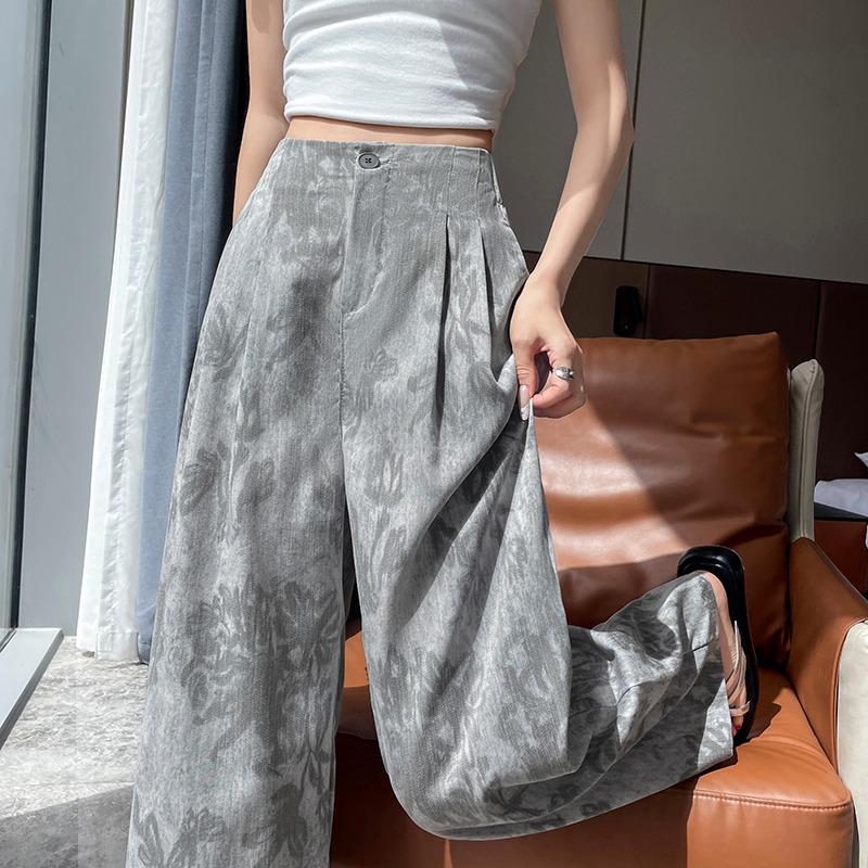 Pantaloni de vară pentru femei, imprimeu vintage, in subțire, talie înaltă, picior larg, cu buzunar