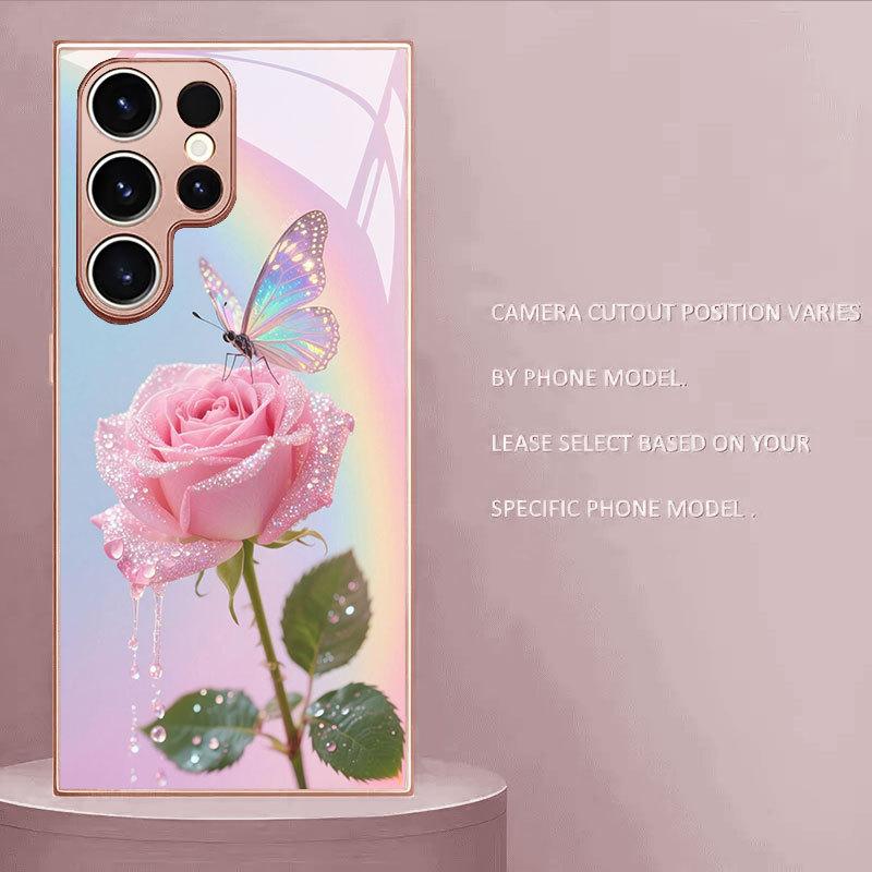 Sparkling pink rose butterfly glass phone case suitable for Samsung Galaxy S26 S25 S24 S23 S22 S21 S20 FE/Ultra/Plus anti drop