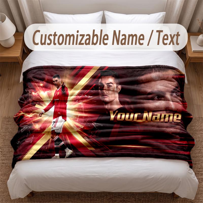 Cristiano Ronaldo Printed Flannel Blanket Custom Name Text Soft Warm Throw For Bedroom Holiday Gift