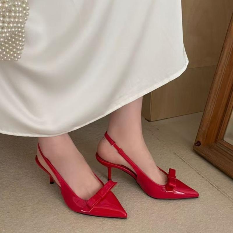 

Fashion Fashion Stiletto Pointed Toe One Bow Shallow Single Shoes Back Trip Strap Slingback High Heel Sandals for Women 43 красный