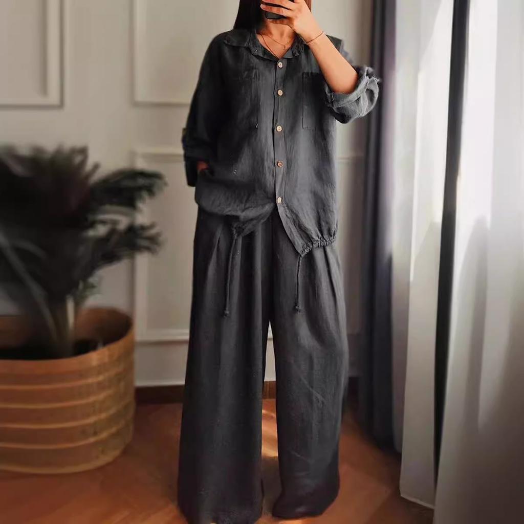 Women's Casual Solid Color Long Sleeve Shirts Cotton Linen Pants Suit