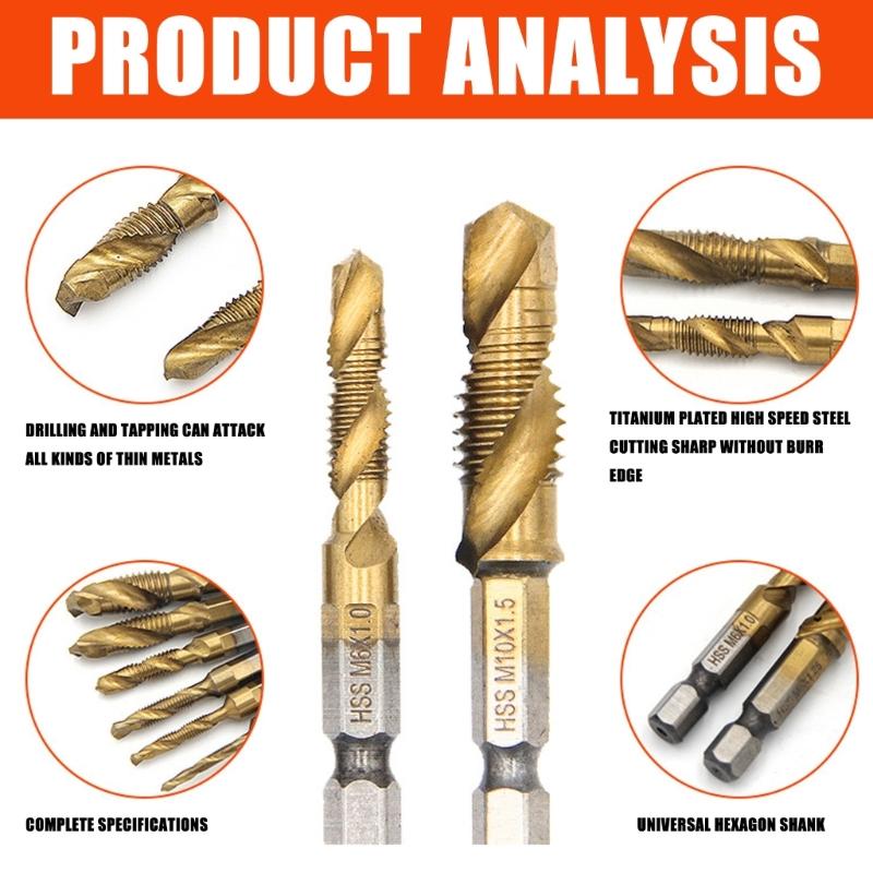 6Pcs High Speed Steel Composite Tap Drill and Tap Drill Bit Integrated Machine Tap Open Chamfer Tool Set Replacement