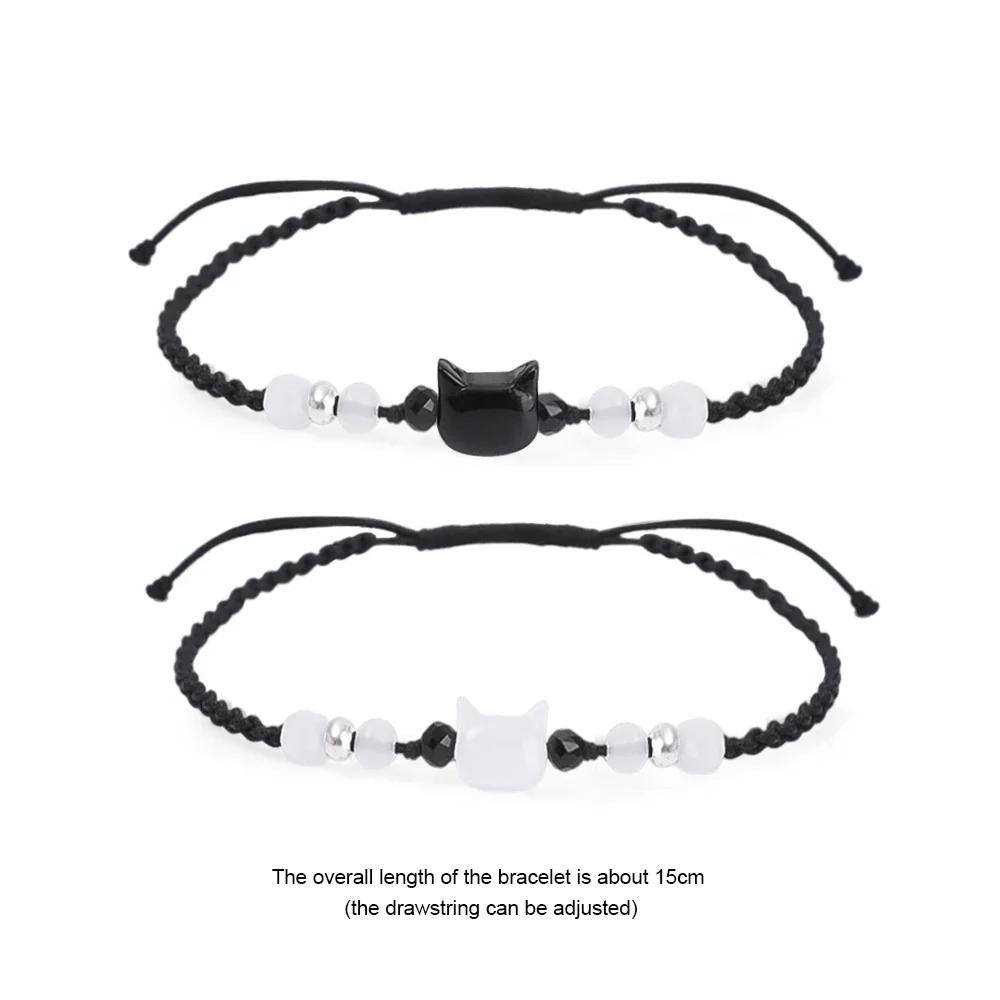 2025 Handmade Black Rope Bracelet Lovers Friends Natural Moonstone Cat Obsidian Charms Adjustable Bracelets Party Jewelry Gifts