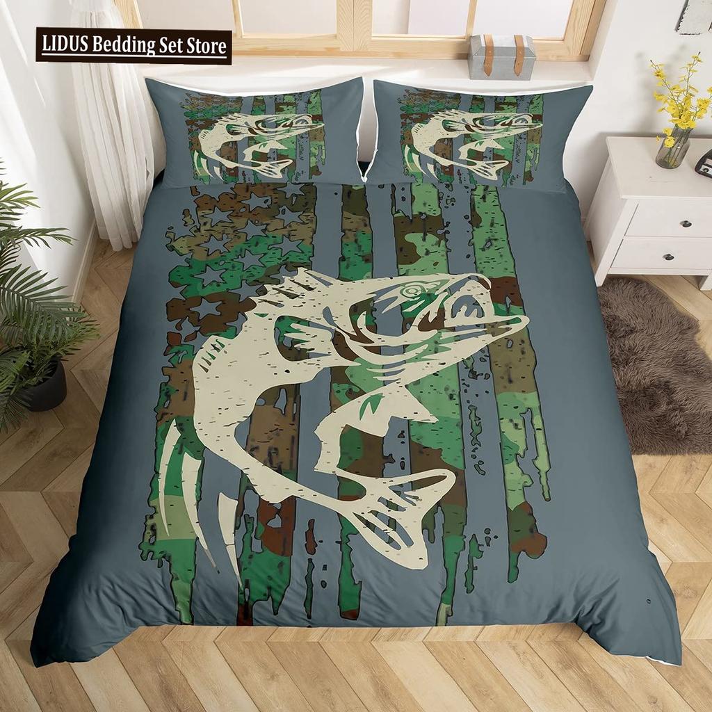 Pike Fish Bedding Striped Bass Big Pattern Hunting And Fishing Themed Duvet Cover For Kids Boys BedRoom Decorations For Teens