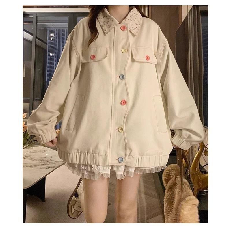 Cute Ruffle Collar Jacket For Women Oversized Casual Button Up Coat