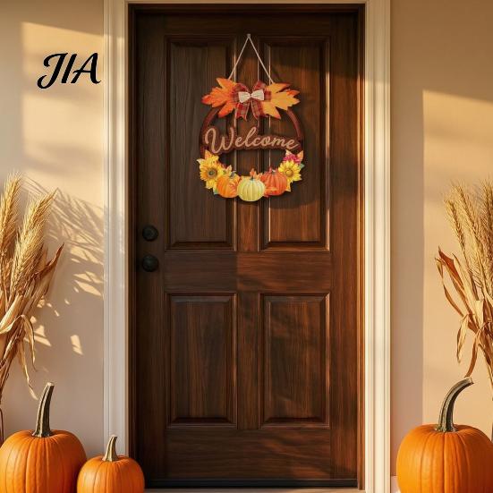 Hello Autumn Wood Plaque Harvest Wooden Wreath Pendant, Front Door Hanging Ornaments with Hemp Rope, Natural Fall Sign Pumpkins Maple Leaves