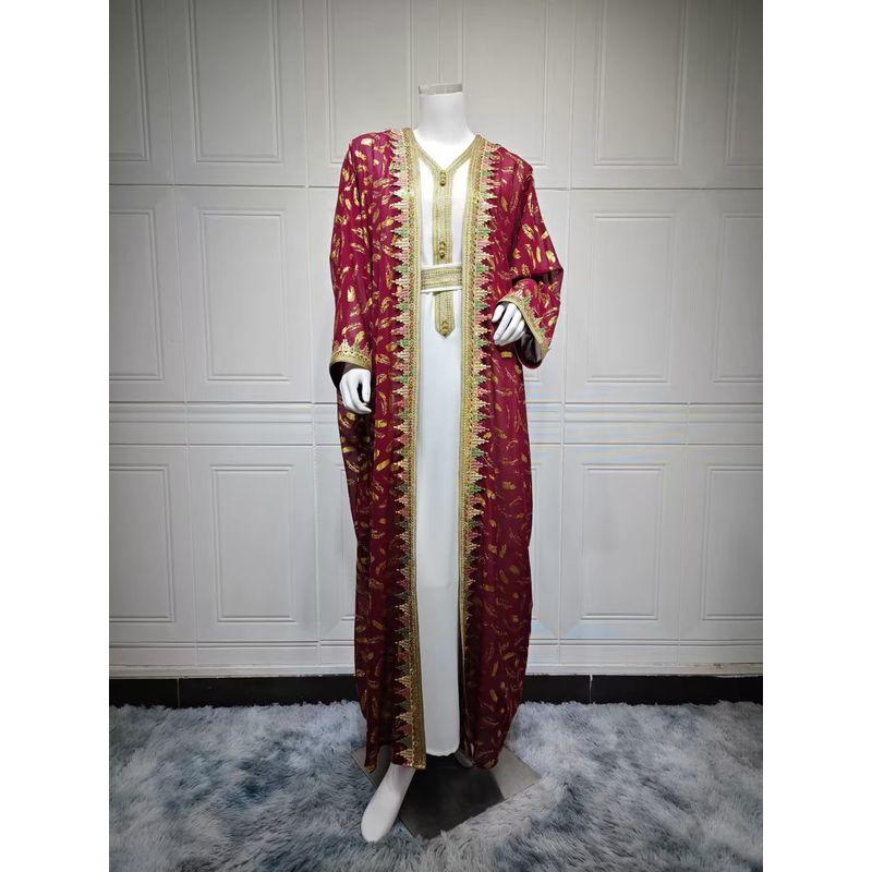 

New Middle East Robe Chiffon Bronzing One-piece Dress set Chiffon Hot Stamping Dress Set Burgundy M
