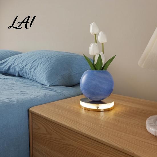 Glass Vase LED Lamp Tulip Planet Night Light Dimmable Touch with Aromatherapy Diffuser Artificial Flower Light USB Rechargeable Table Decor for Home