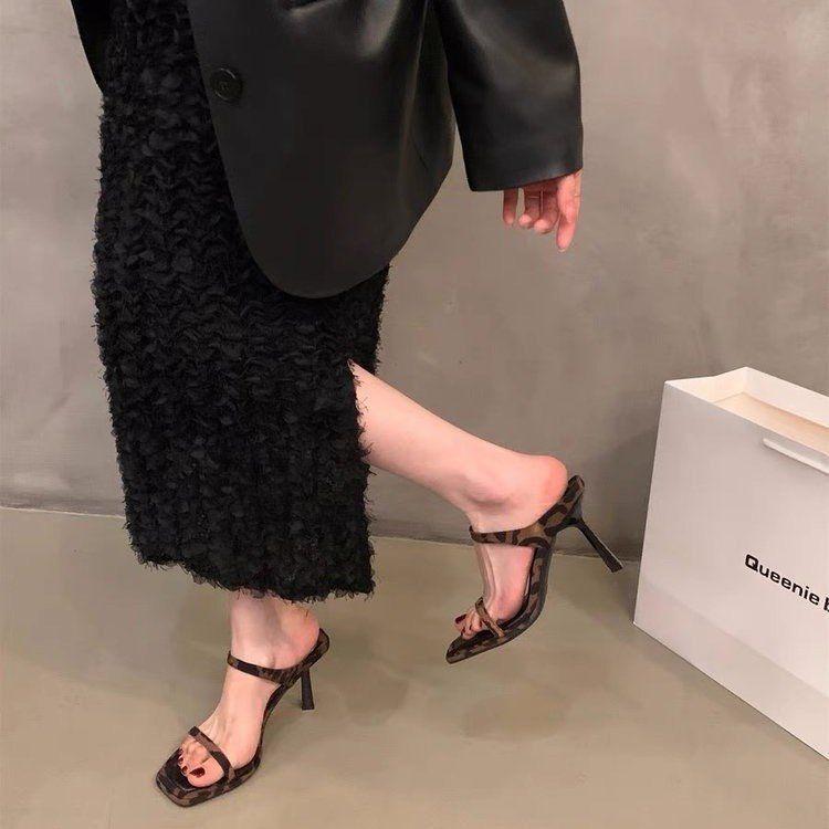 Niche French leopard print high heels one-word slippers women's shoes wear 2025 new summer stiletto sandals