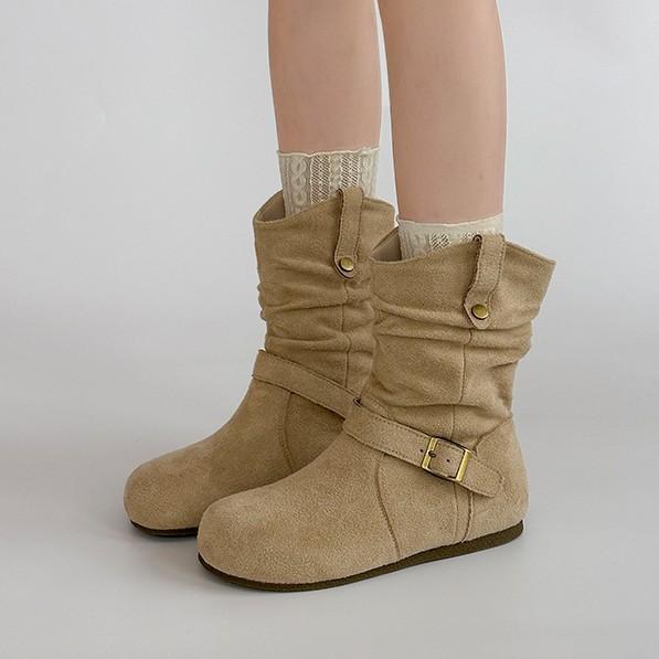 Western cowboy boots Martin boots women's shoes retro suede buckle 2025 new summer design pleated small short boots