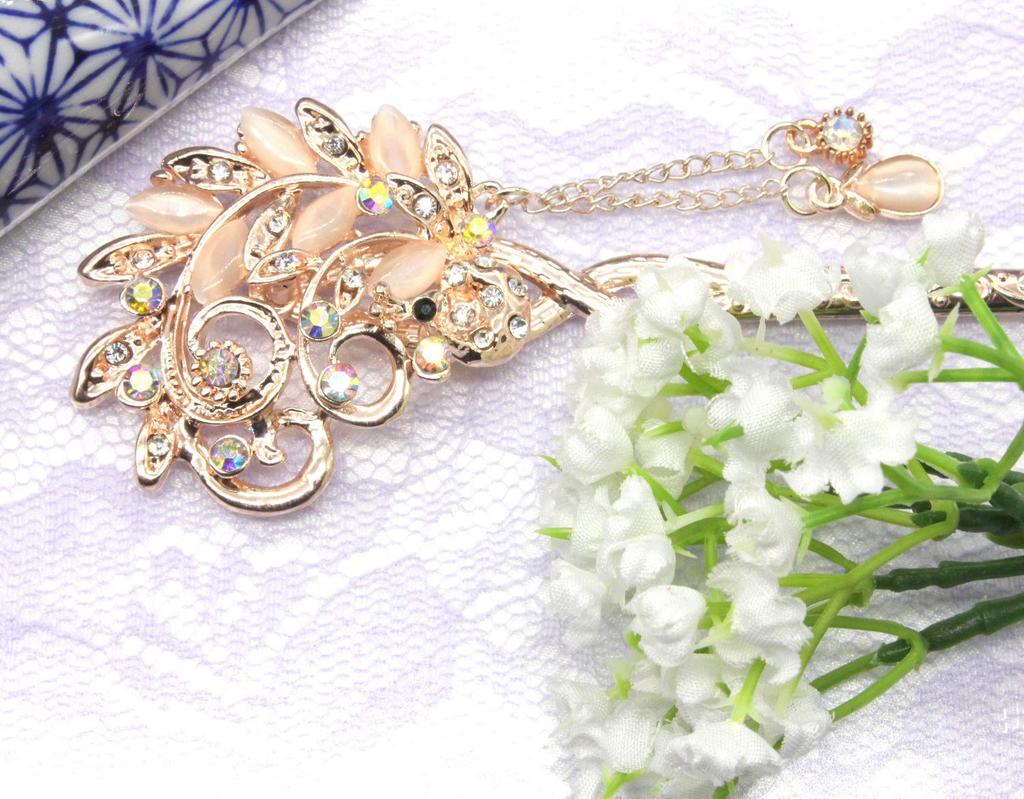 MiaoMiao Single for and Traditional Japanese Metallic Peacock with Crystal and Pink Gold Miaomyao Hairpin, Hairpin, Kimono, Yukata, Clothing, Design,