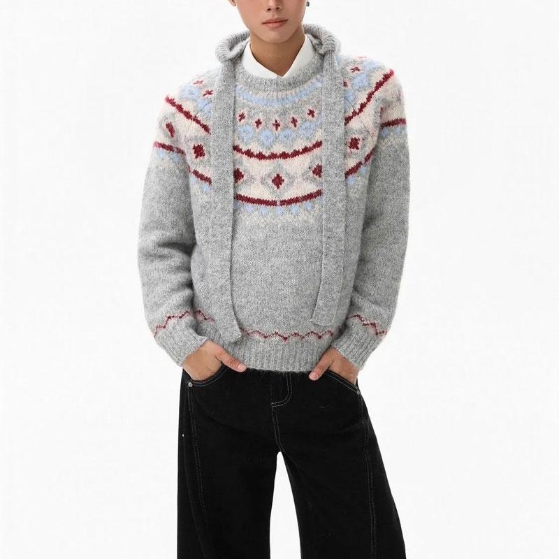 Suéteres de Malha Masculinos Fair Isle Americanos Casuais Gola Redonda Outono Inverno Soltos Vintage Manga Longa