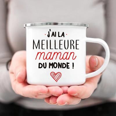 Tasse en émail avec inscription « Meilleure maman du monde » - Tasse à café créative - Boissons - Eau - Lait - Tasse en émail - Cadeau pour maman