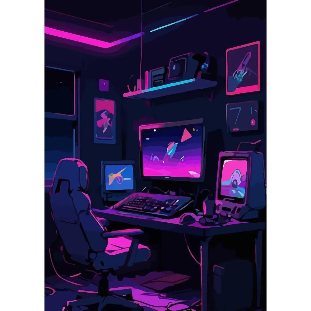 Retro-Futuristic Gaming Setup Posters Neon Lights Basket Ring Game Room Modern Prints Canvas Wall Picture Home Living Room Decor