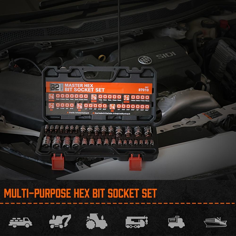 HORUSDY Allen Socket Set | 32pcs Hex Bit Socket Set | S2 Steel Socket | SAE And Metric | 1/4", 3/8", & 1/2" Drives