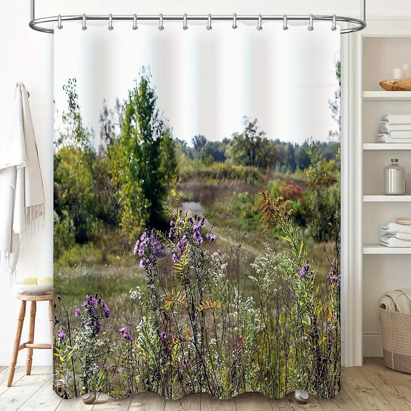 Floral Botanical Shower Curtain Nature Landscape Bathroom Decor Vintage Farmhouse Rustic Wildflower Scenic Wall Art Home Textile