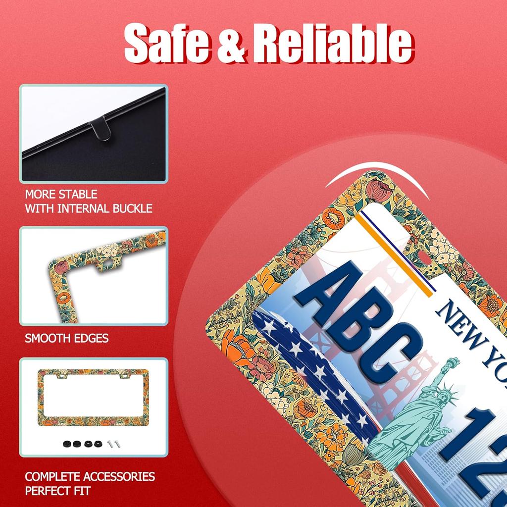 Beautiful Floral Print License Plate Frame Funny Stainless Steel Vintage Flower License Plate Frames Auto Parts Decoration With Screws License Plate