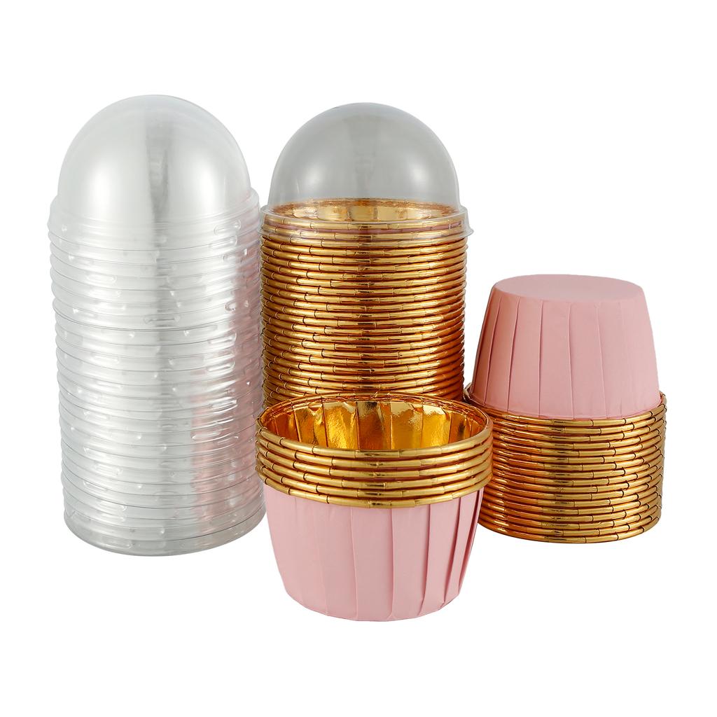 50Pc Foil Cupcake Liners with Lids Heat Resistant 5.5oz Aluminum Cake Cups Round Foil Baking Cups Kitchen Wedding Party Supplies
