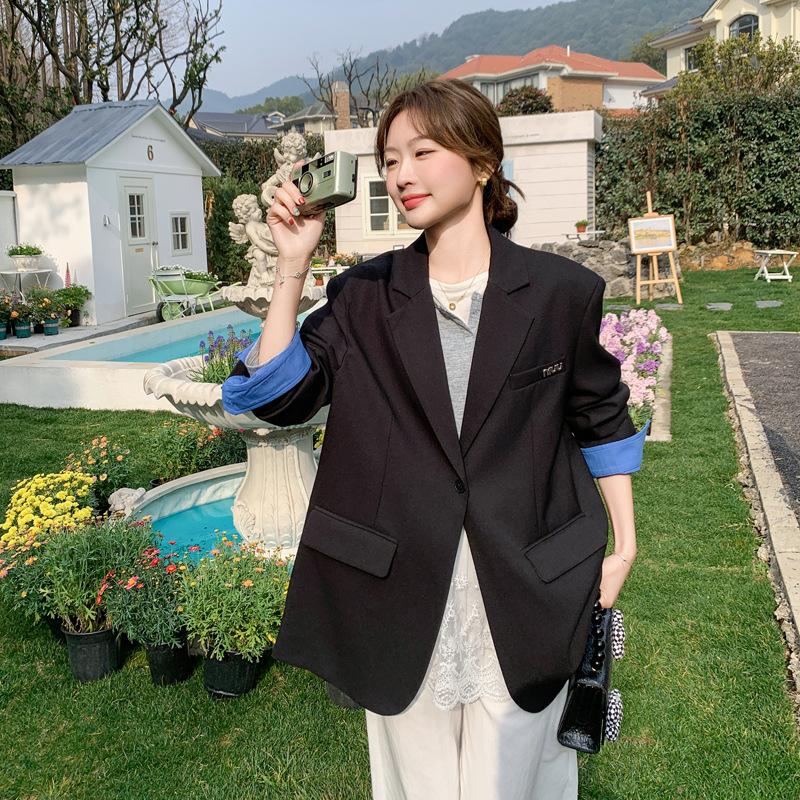 Spring and Autumn New Korean Version Gray Flanged Sleeves Thin Small Suit Women's Casual Loose Temperament Suit Jacket Tide