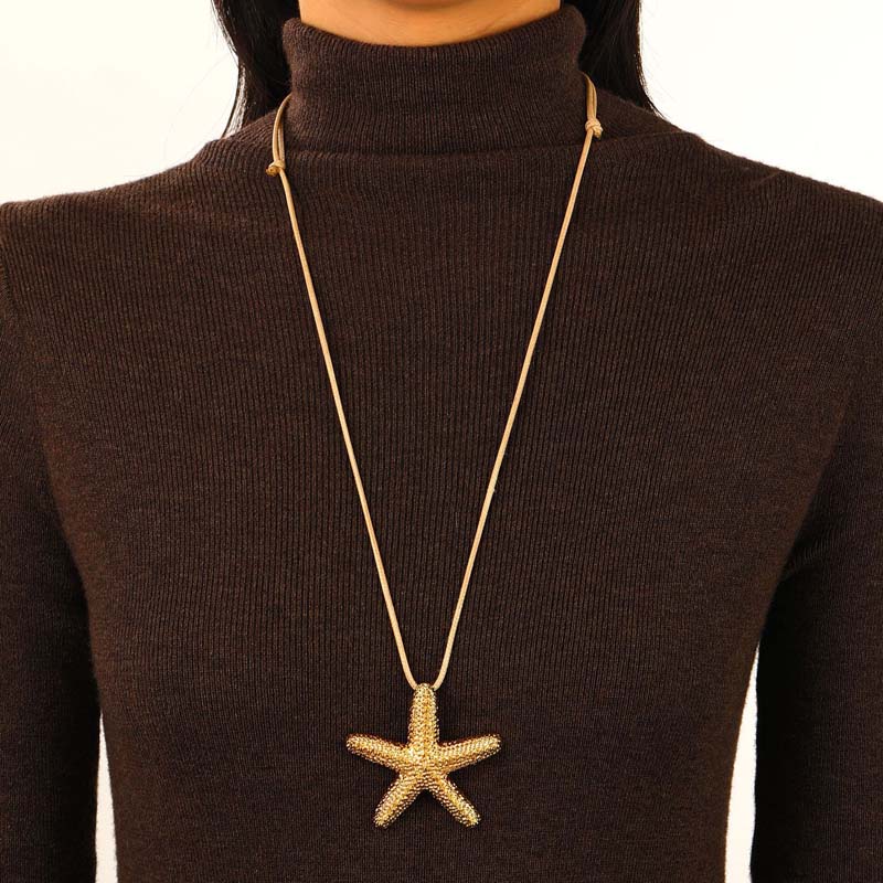 

Exaggerated Metal Big Starfish Pendant Necklace for Women Punk Hip Hop Handmade Long Sweater Chain Necklaces Zircon Accessories