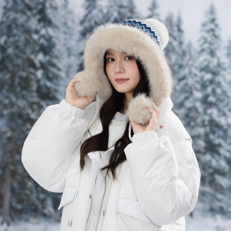 Ethnic Style Furry Warm Hat Women's Winter Plush Thickened Hairball Cold Hat Outdoor Ski Hat